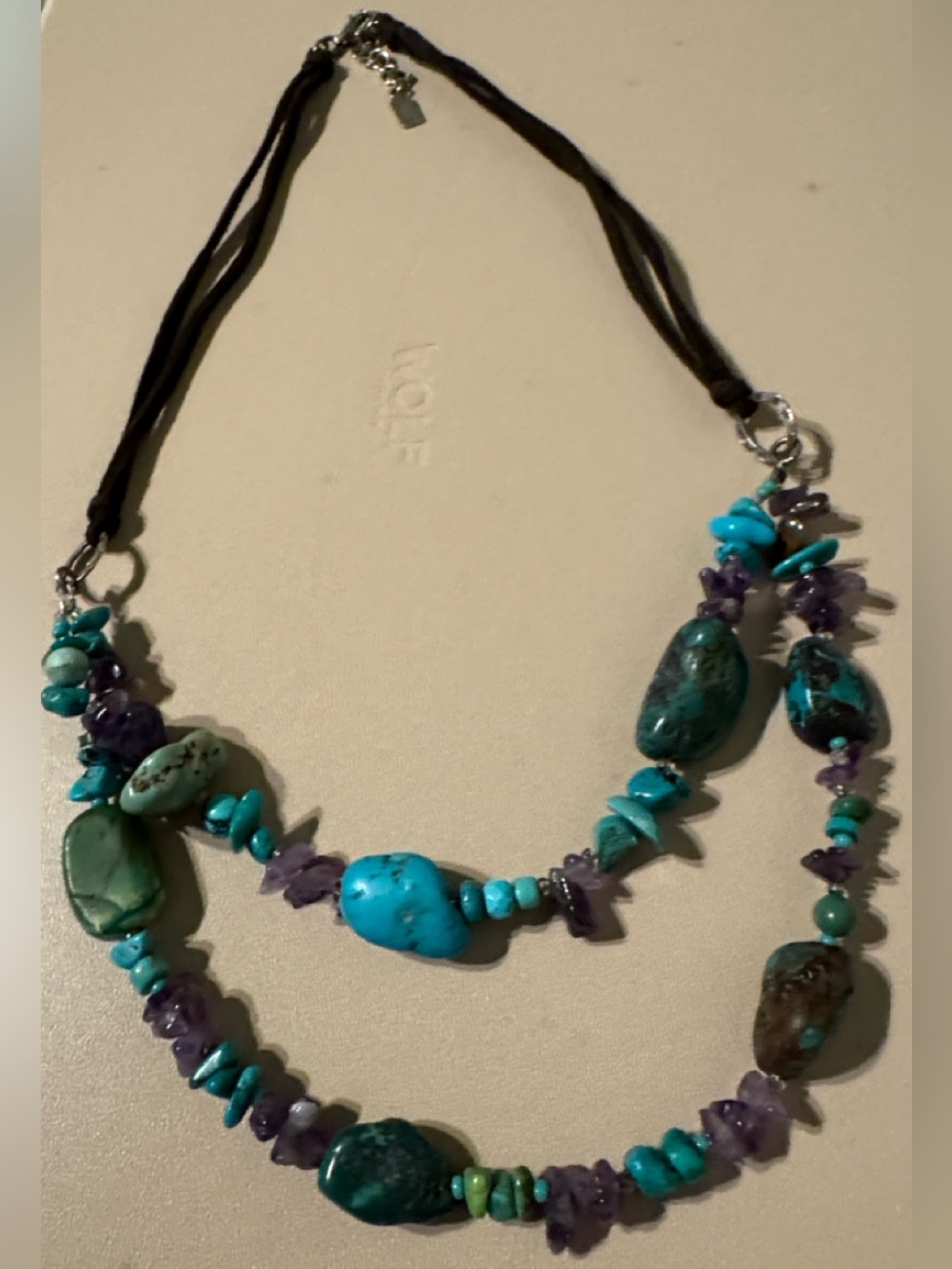 Vintage Peyote Bird 925 marked Turquoise & Amethyst Double Strand Necklace
